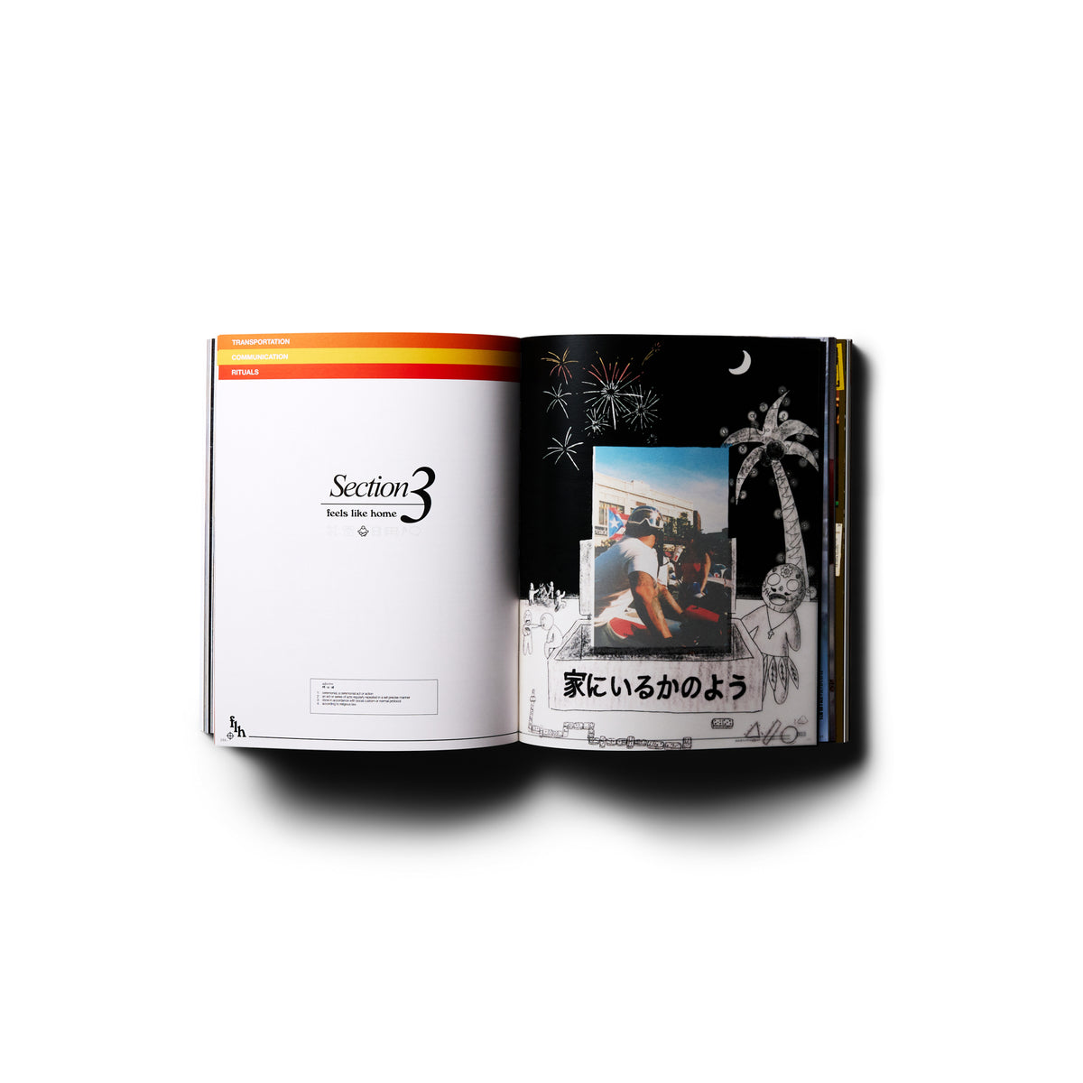 Open spread with a Section 3 divider page beside a dark collage page of photographs and Japanese type
