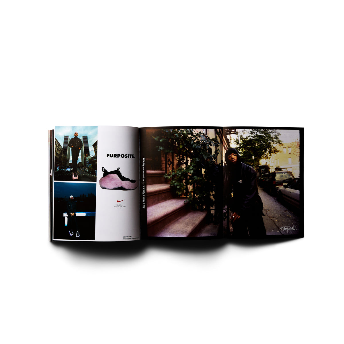 Wide open spread of full-bleed photography showing a person in a dimly lit outdoor scene