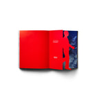 Open spread with a solid red page beside a photographic page featuring a red figure silhouette